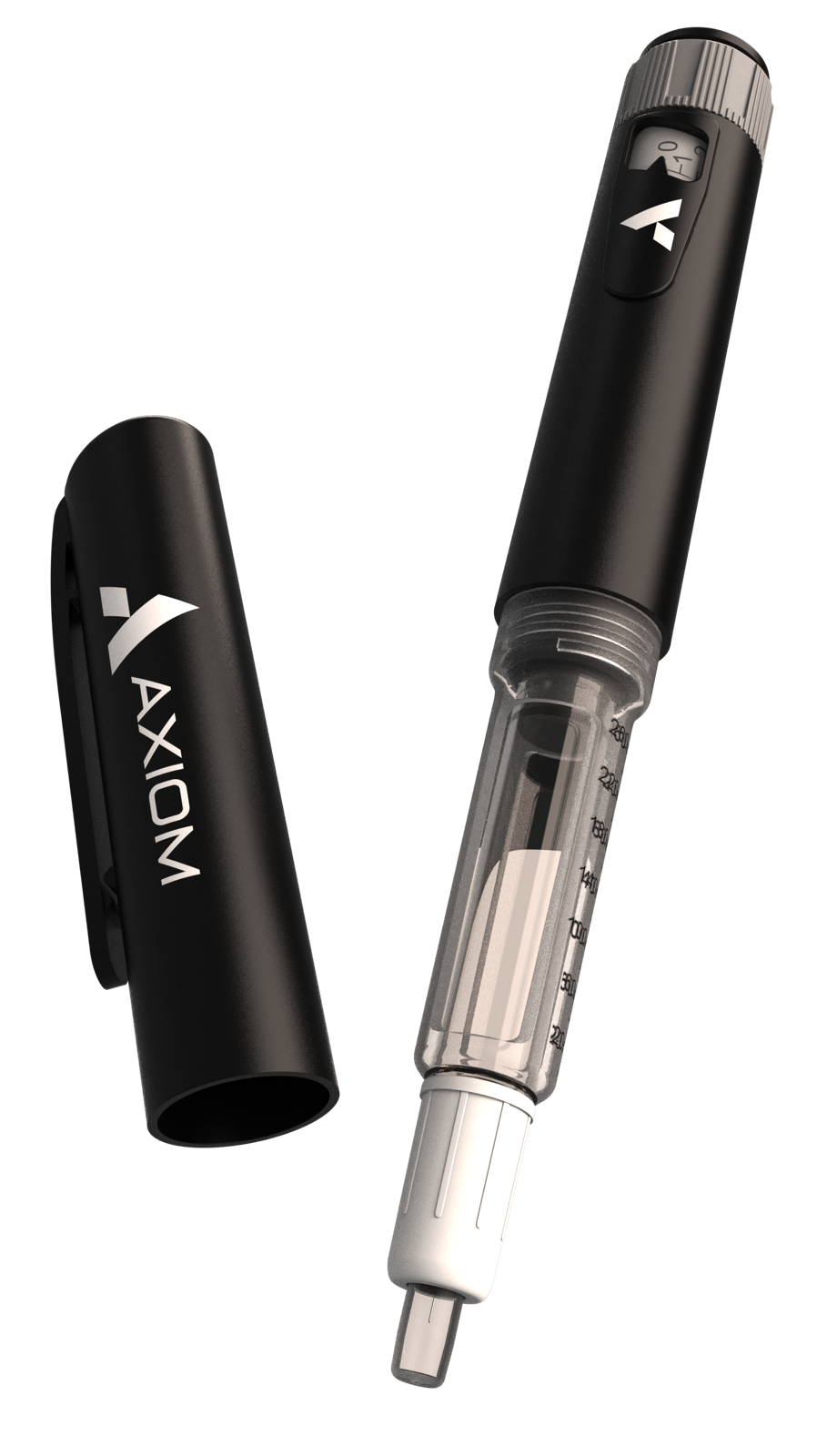 AXIOM reusable peptide injector pen, uncapped with cartridge visible