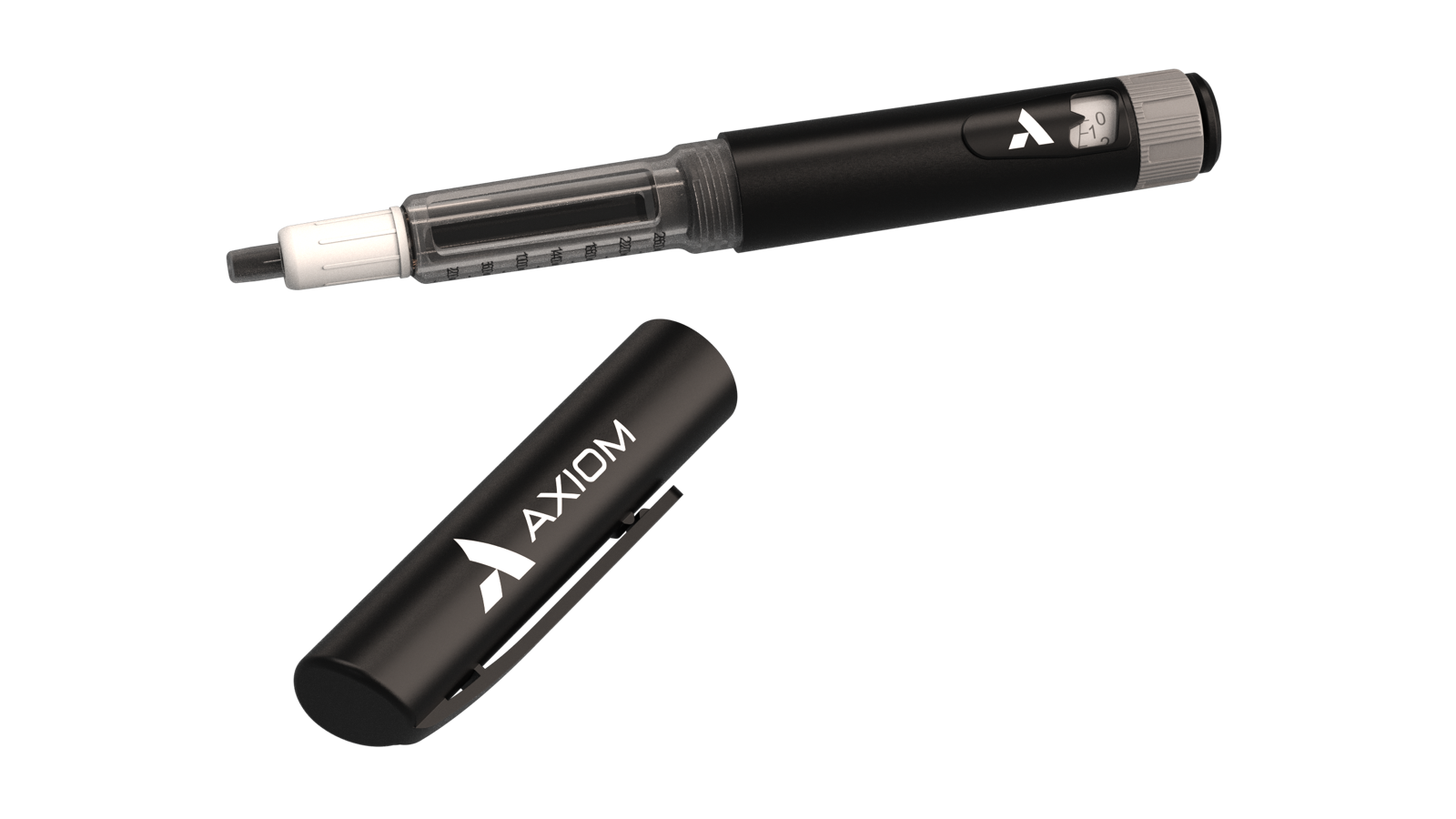 AXIOM reusable peptide injector pen with cap alongside